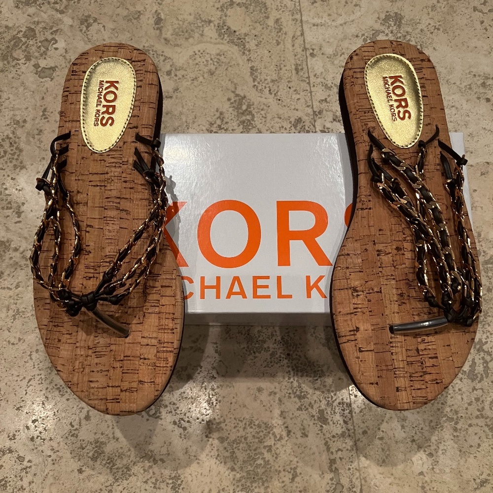 New Kors Michael Kors Addi Chain Leather Sandals in Mocha
